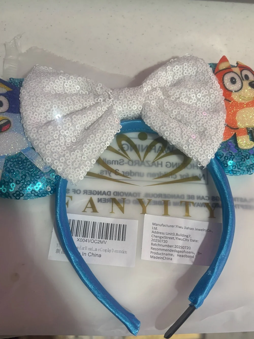 White Sequin Bow Blue Kids Bluey Headband